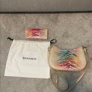 Brahmin Cream Multicolor Croc-Embossed Shoulder Bag with Matching Wallet